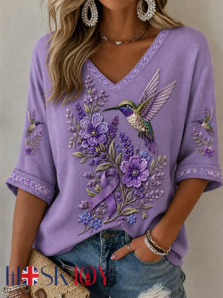 Women’s Purple Floral & Hummingbird Print Alzheimer’s Awareness Support Half-Sleeves V-Neck T-Shirt - Lavender / S