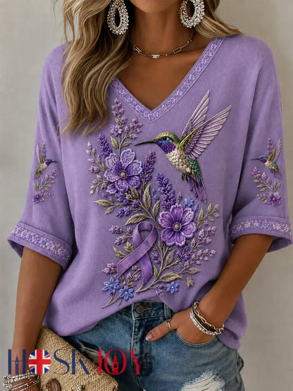 Women’s Purple Floral & Hummingbird Print Alzheimer’s Awareness Support Half-Sleeves V-Neck T-Shirt - Lavender / S