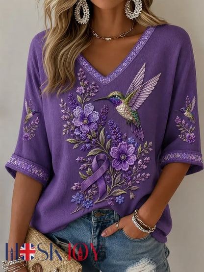 Women’s Purple Floral & Hummingbird Print Alzheimer’s Awareness Support Half-Sleeves V-Neck T-Shirt - Purple / S
