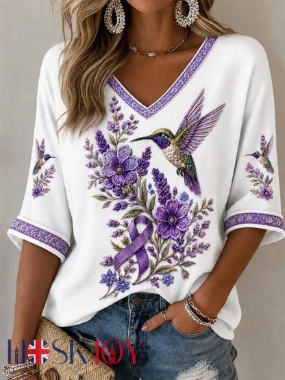 Women’s Purple Floral & Hummingbird Print Alzheimer’s Awareness Support Half-Sleeves V-Neck T-Shirt - White / S