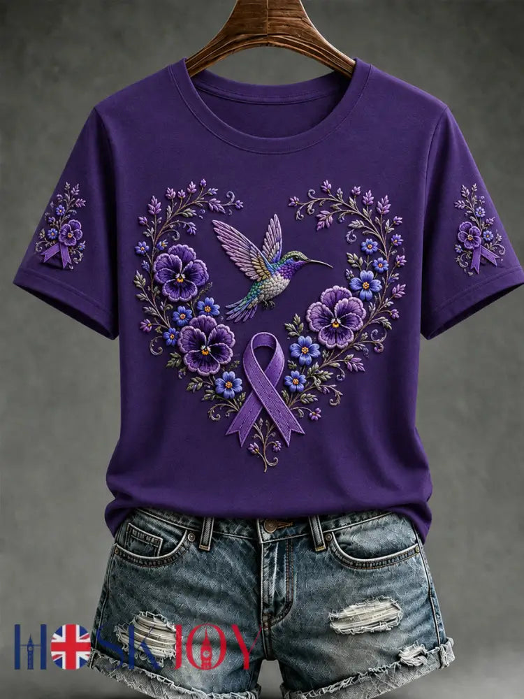 Women’s Purple Floral & Hummingbird Print Alzheimer’s Awareness Support Short Sleeve T-shirt - Deep Purple / S