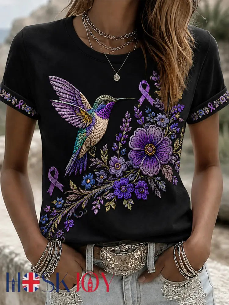 Women’s Purple Floral & Hummingbird Print Alzheimer’s Awareness Support Tee - Black / S