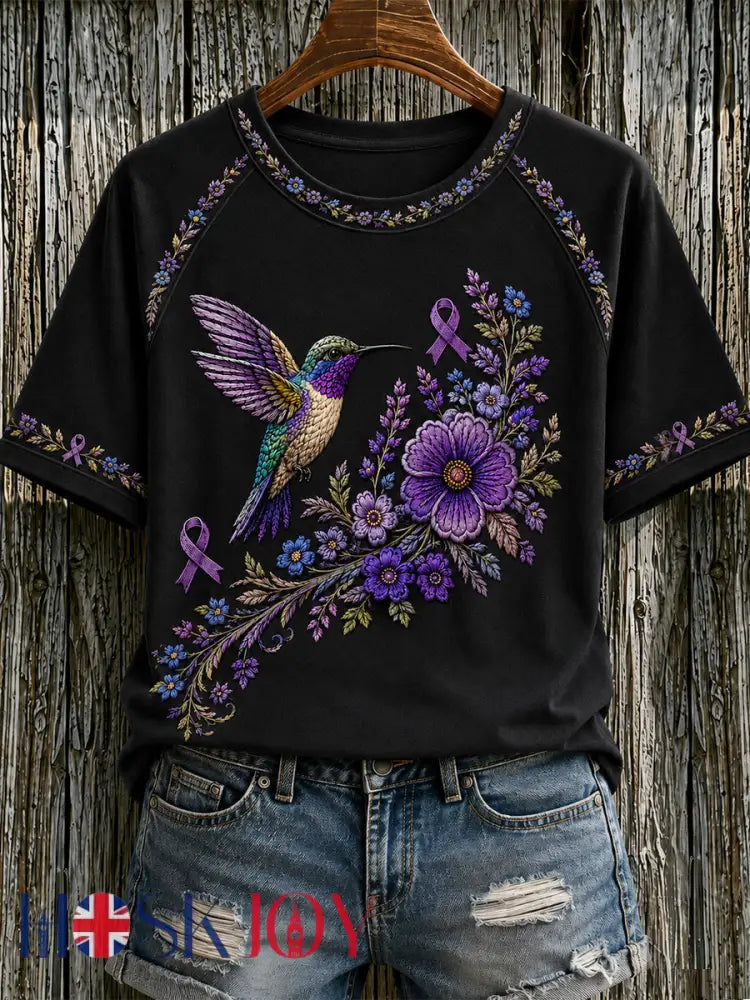 Women’s Purple Floral & Hummingbird Print Alzheimer’s Awareness Support Tee - Black / S