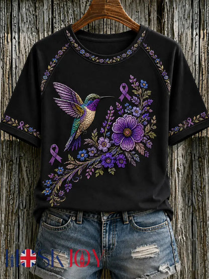 Women’s Purple Floral & Hummingbird Print Alzheimer’s Awareness Support Tee - Black / S