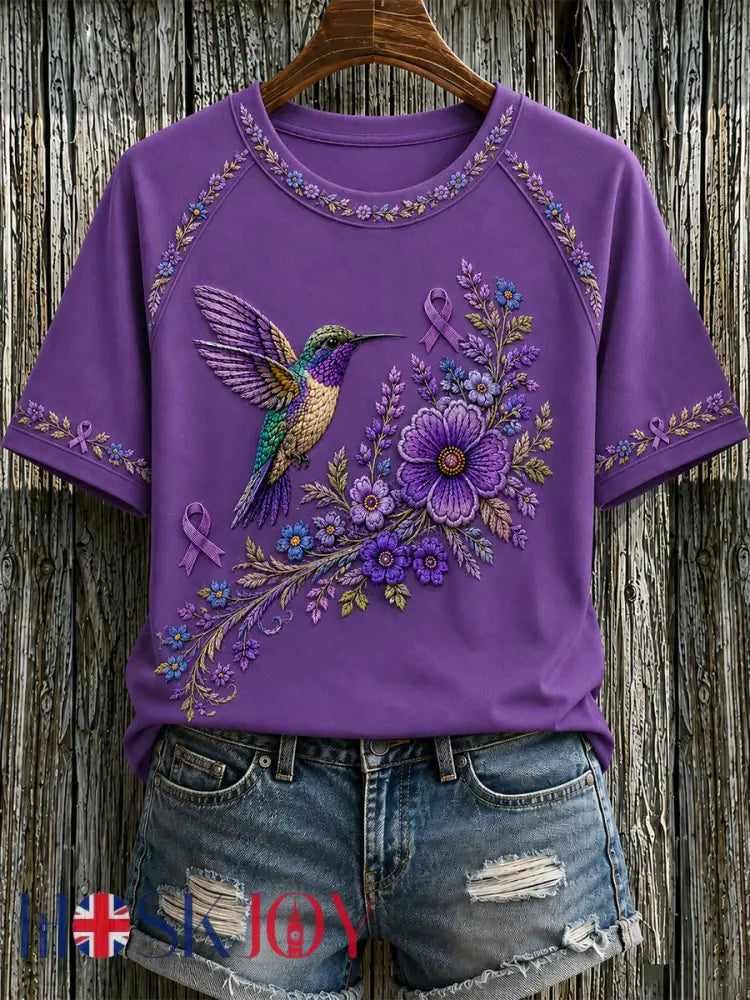 Women’s Purple Floral & Hummingbird Print Alzheimer’s Awareness Support Tee - Lavender / S