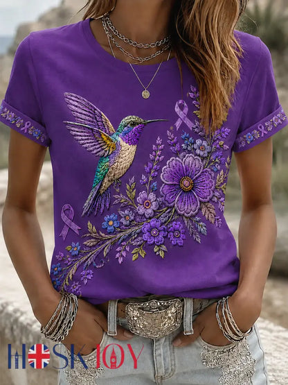 Women’s Purple Floral & Hummingbird Print Alzheimer’s Awareness Support Tee - Lavender / S