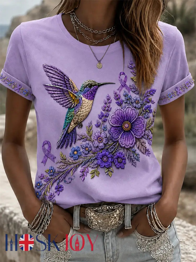 Women’s Purple Floral & Hummingbird Print Alzheimer’s Awareness Support Tee - Light Purple / S