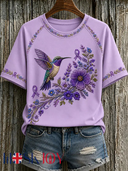 Women’s Purple Floral & Hummingbird Print Alzheimer’s Awareness Support Tee - Light Purple / S