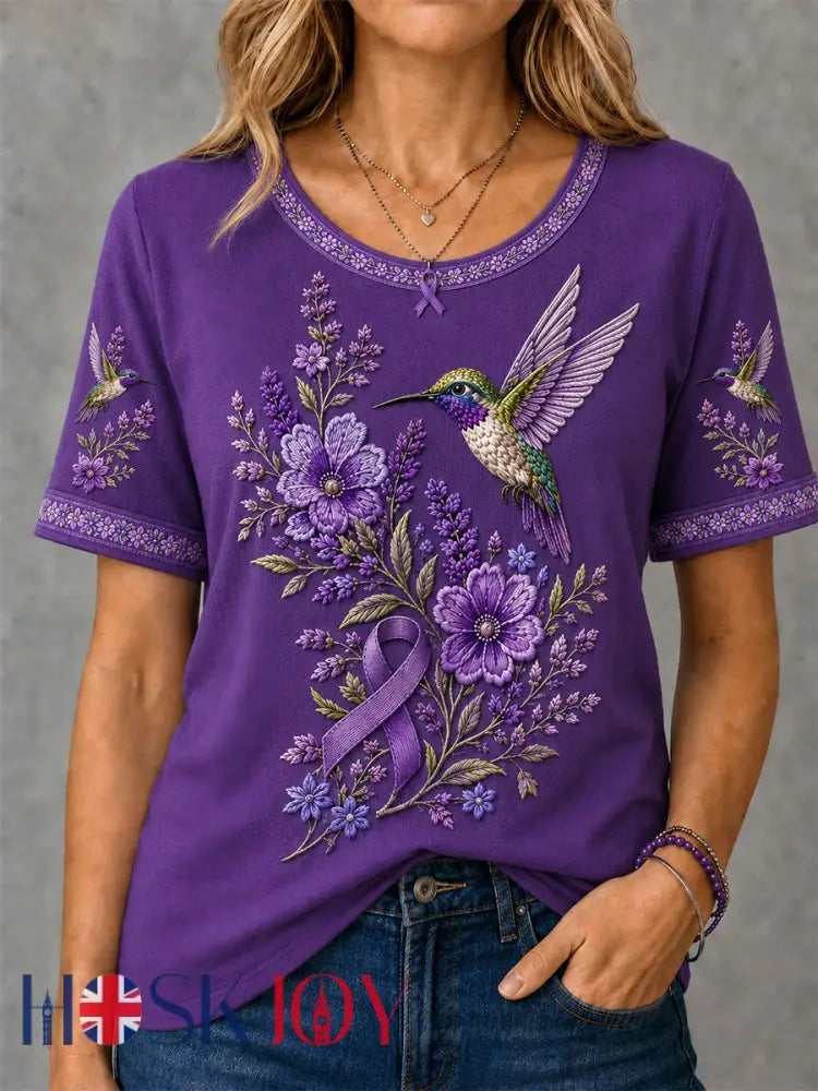 Women’s Purple Floral & Hummingbird Print Alzheimer’s Awareness Support Tee - Purple / S