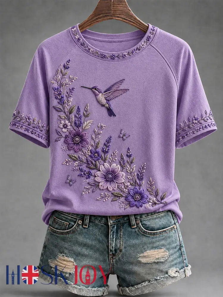 Women’s Purple Floral & Hummingbird Print Alzheimer’s Awareness Support Tee - Purple / S
