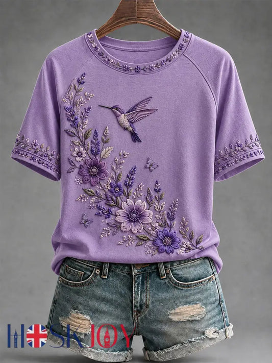 Women’s Purple Floral & Hummingbird Print Alzheimer’s Awareness Support Tee - Purple / S