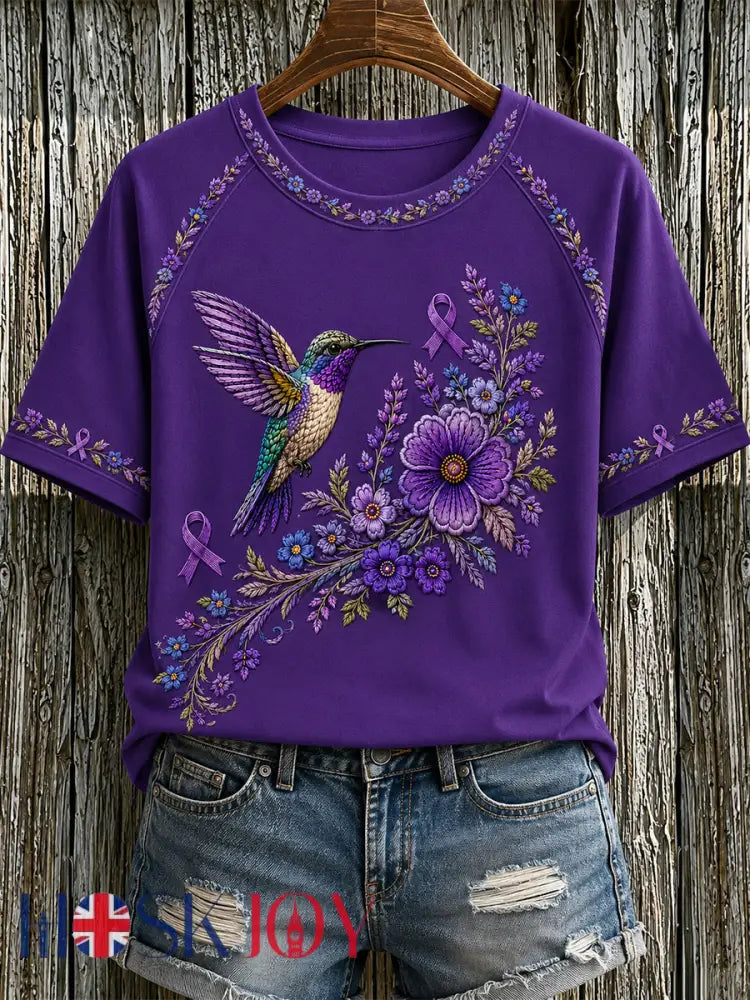 Women’s Purple Floral & Hummingbird Print Alzheimer’s Awareness Support Tee - Purple / S