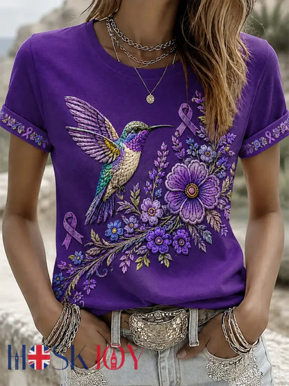 Women’s Purple Floral & Hummingbird Print Alzheimer’s Awareness Support Tee - Purple / S