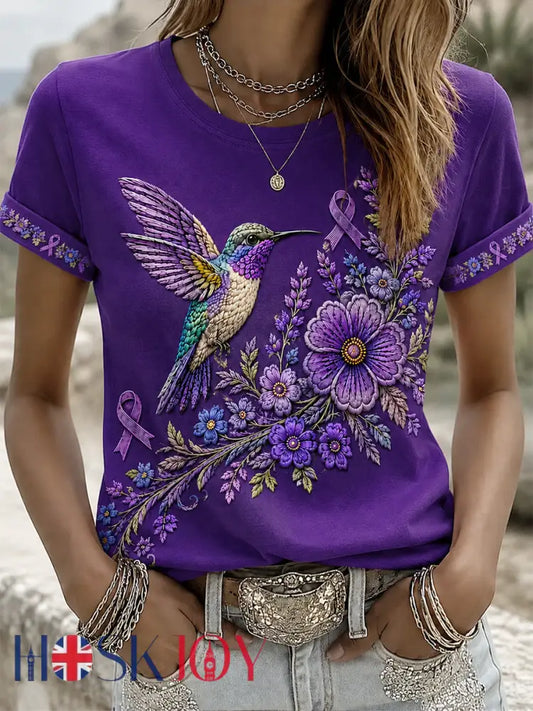 Women’s Purple Floral & Hummingbird Print Alzheimer’s Awareness Support Tee - Purple / S