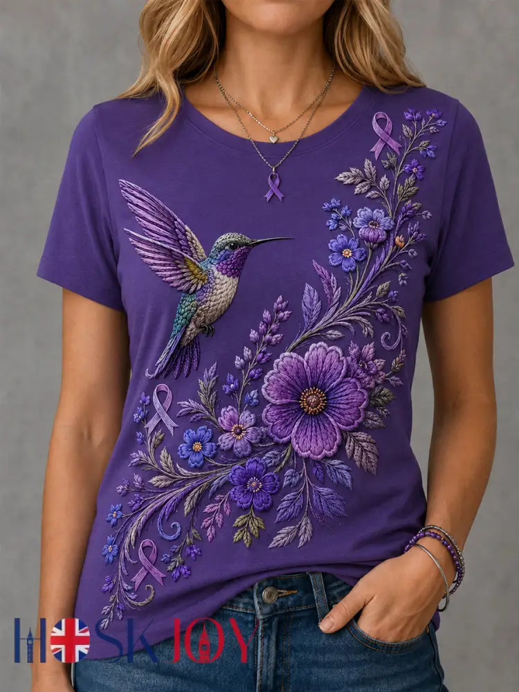 Women’s Purple Floral & Hummingbird Print Alzheimer’s Awareness Support Tee - Purple / S