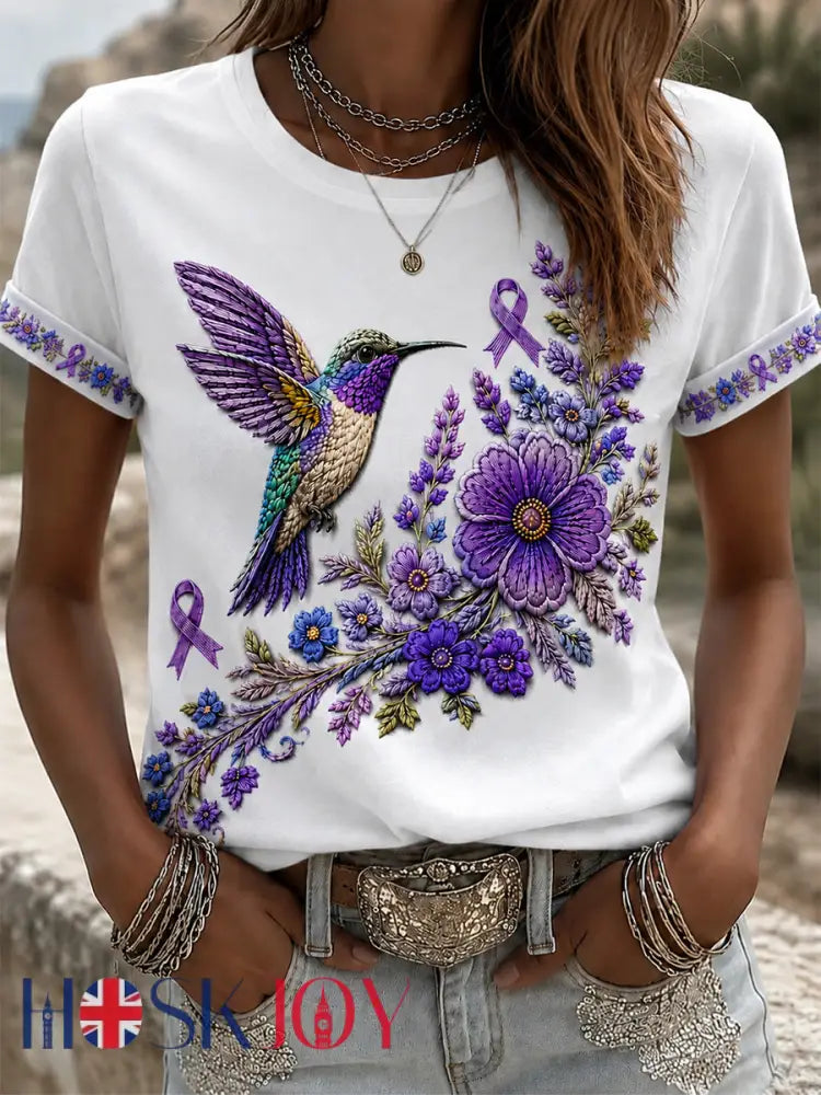 Women’s Purple Floral & Hummingbird Print Alzheimer’s Awareness Support Tee - White / S