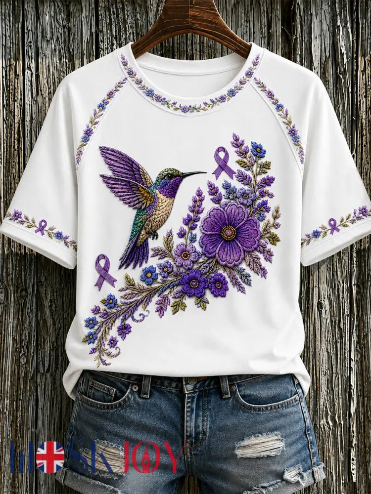 Women’s Purple Floral & Hummingbird Print Alzheimer’s Awareness Support Tee - White / S