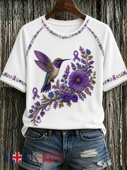Women’s Purple Floral & Hummingbird Print Alzheimer’s Awareness Support Tee - White / S