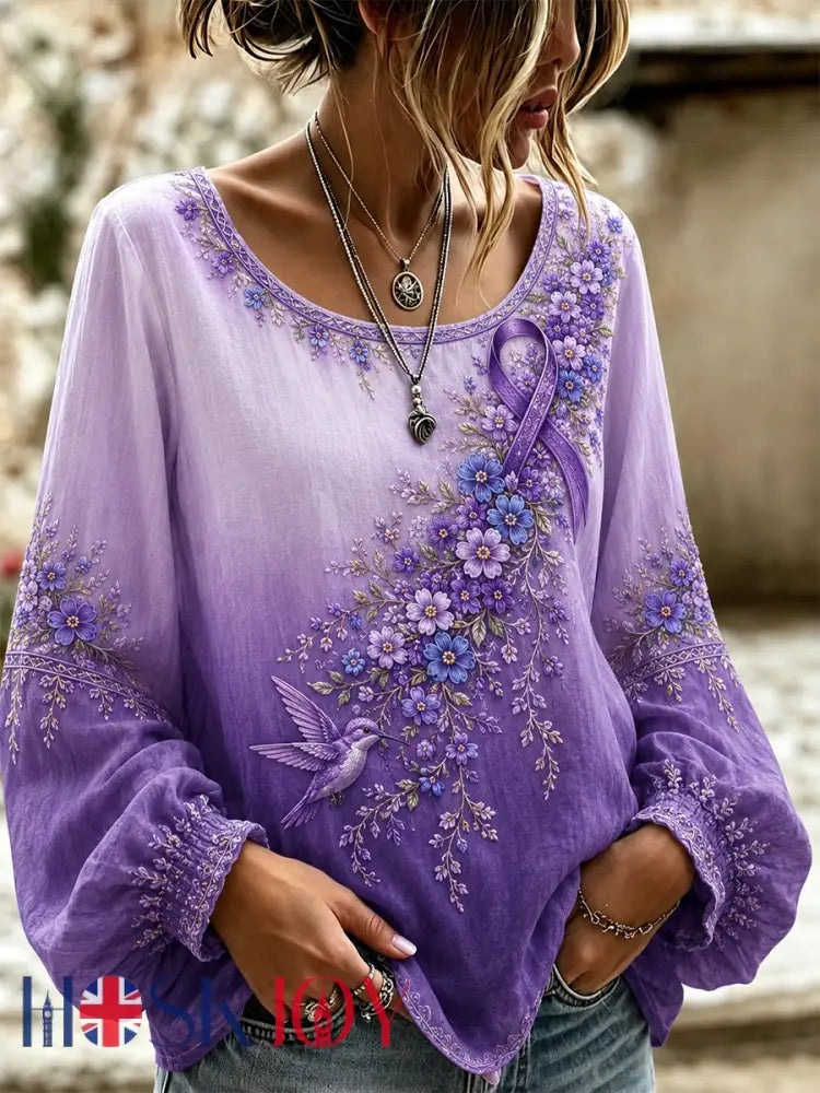 Women’s Purple Floral & Hummingbird Print Alzheimer’s Awareness Support Top - Purple / S