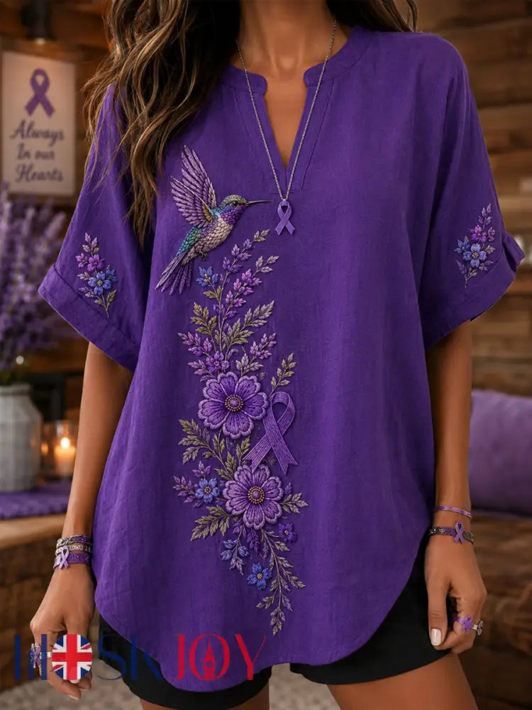 Women’s Purple Floral & Hummingbird Print Alzheimer’s Awareness Support V-Neck Shirt - Purple / S