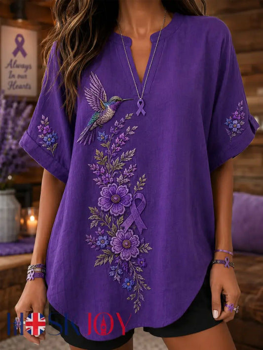 Women’s Purple Floral & Hummingbird Print Alzheimer’s Awareness Support V-Neck Shirt - Purple / S