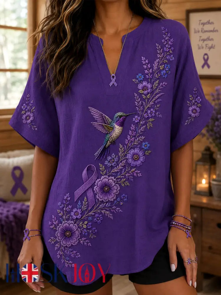Women’s Purple Floral & Hummingbird Print Alzheimer’s Awareness Support V-Neck Shirt - Purple / S