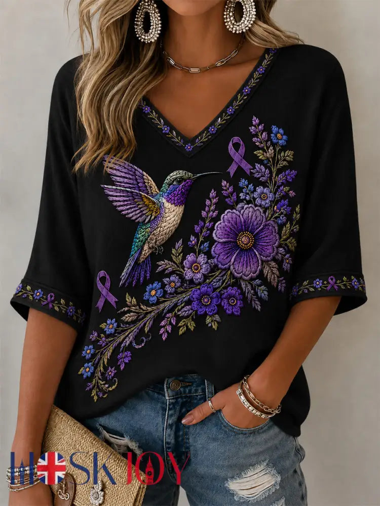 Women’s Purple Floral & Hummingbird Print Alzheimer’s Awareness Support V-Neck Tee - Black / S