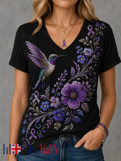 Women’s Purple Floral & Hummingbird Print Alzheimer’s Awareness Support V-Neck Tee - Black / S