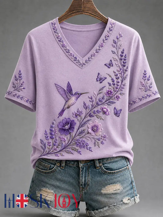 Women’s Purple Floral & Hummingbird Print Alzheimer’s Awareness Support V-Neck Tee - Lavender / S