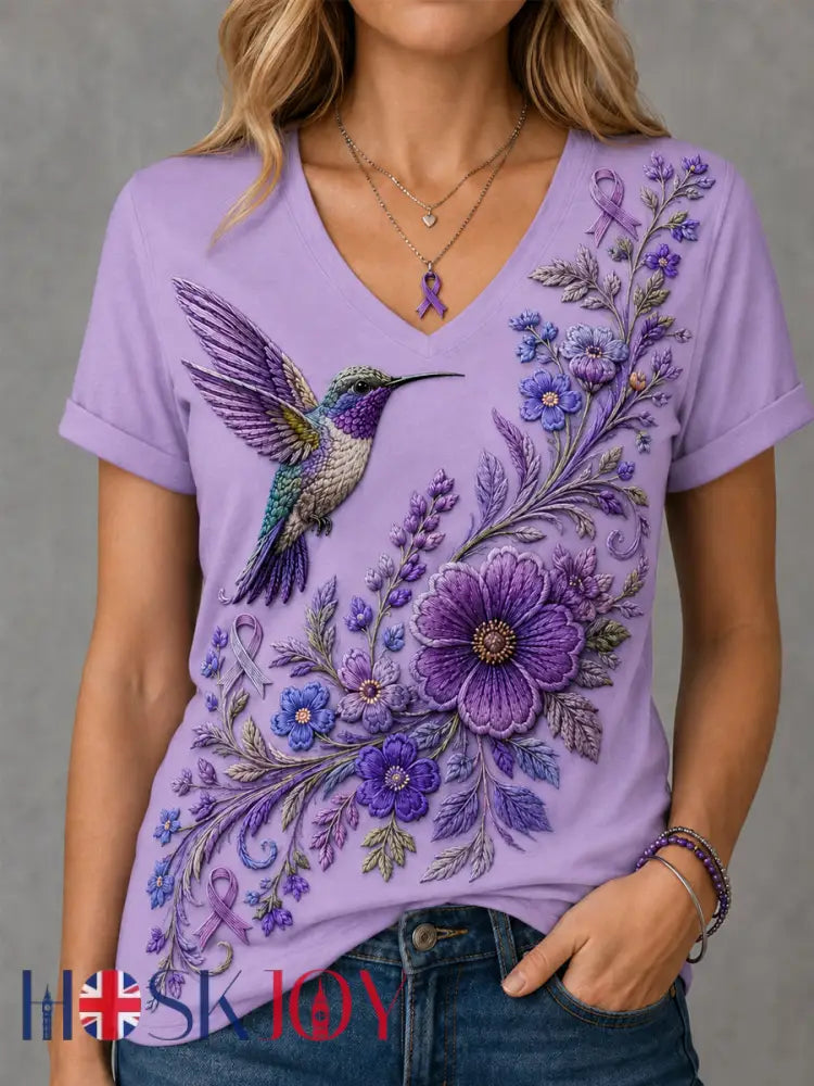 Women’s Purple Floral & Hummingbird Print Alzheimer’s Awareness Support V-Neck Tee - Lavender / S