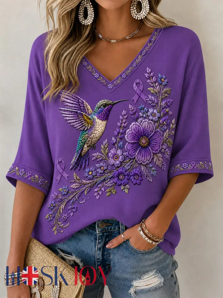 Women’s Purple Floral & Hummingbird Print Alzheimer’s Awareness Support V-Neck Tee - Lavender / S