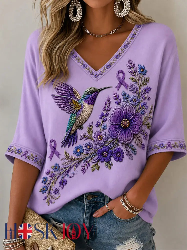 Women’s Purple Floral & Hummingbird Print Alzheimer’s Awareness Support V-Neck Tee - Light Purple / S