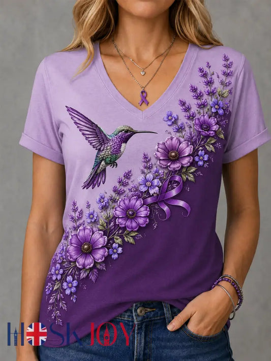 Women’s Purple Floral & Hummingbird Print Alzheimer’s Awareness Support V-Neck Tee - Mixed Color / S