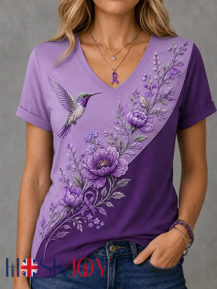 Women’s Purple Floral & Hummingbird Print Alzheimer’s Awareness Support V-Neck Tee - Mixed Color / S