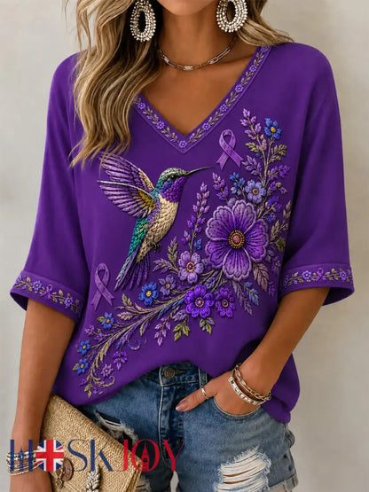 Women’s Purple Floral & Hummingbird Print Alzheimer’s Awareness Support V-Neck Tee - Purple / S
