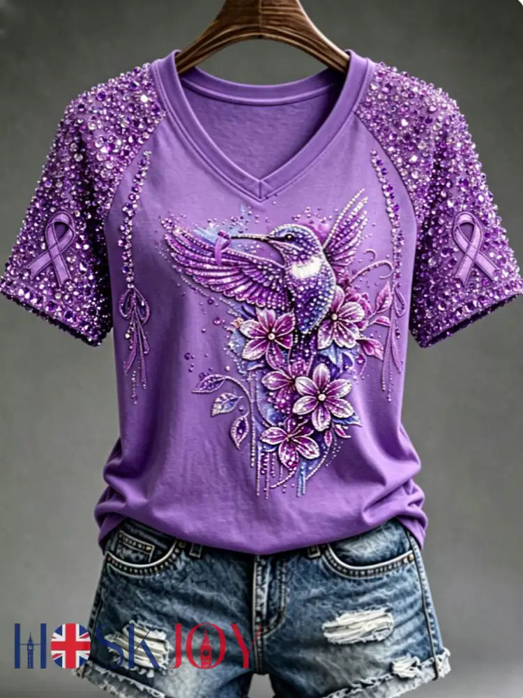 Women’s Purple Floral & Hummingbird Print Alzheimer’s Awareness Support V-Neck Tee - Purple / S