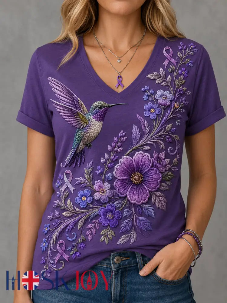Women’s Purple Floral & Hummingbird Print Alzheimer’s Awareness Support V-Neck Tee - Purple / S