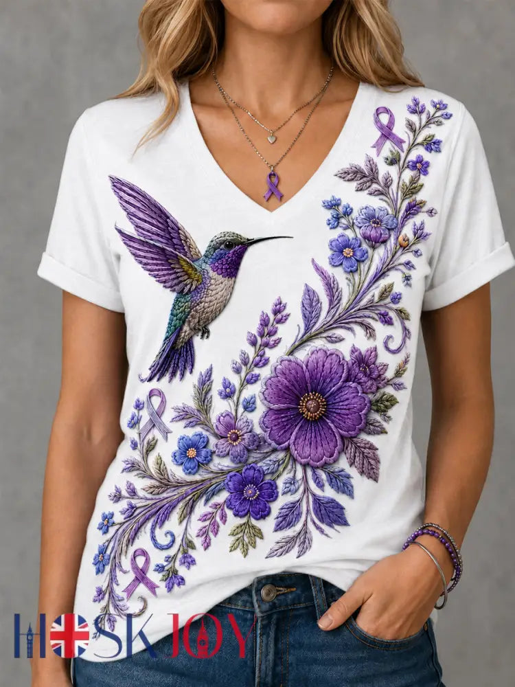 Women’s Purple Floral & Hummingbird Print Alzheimer’s Awareness Support V-Neck Tee - White / S