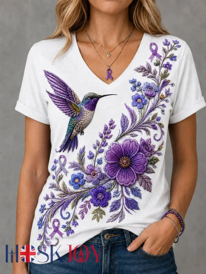 Women’s Purple Floral & Hummingbird Print Alzheimer’s Awareness Support V-Neck Tee - White / S