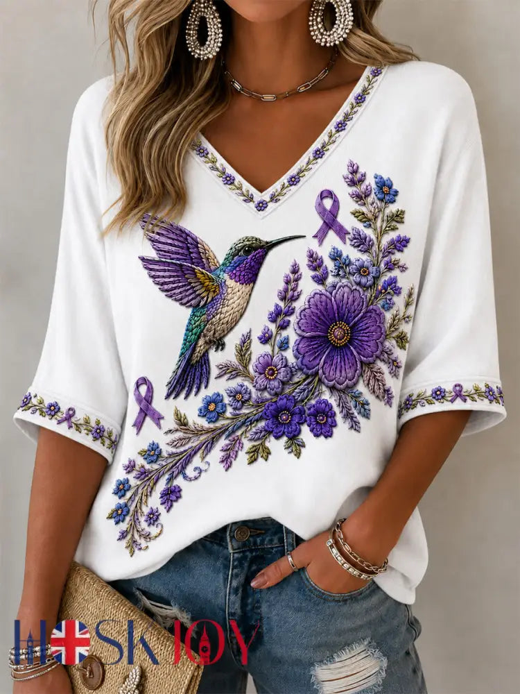 Women’s Purple Floral & Hummingbird Print Alzheimer’s Awareness Support V-Neck Tee - White / S