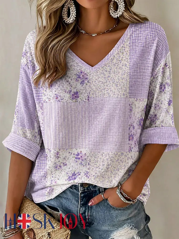 Women’s Purple Floral Print Casual T-Shirt - Purple / S