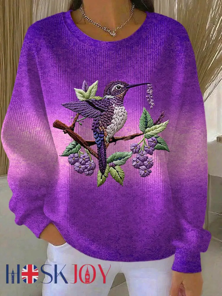 Women’s Purple Gradient Hummingbird Floral Print Casual Sweatshirt - As picture / S