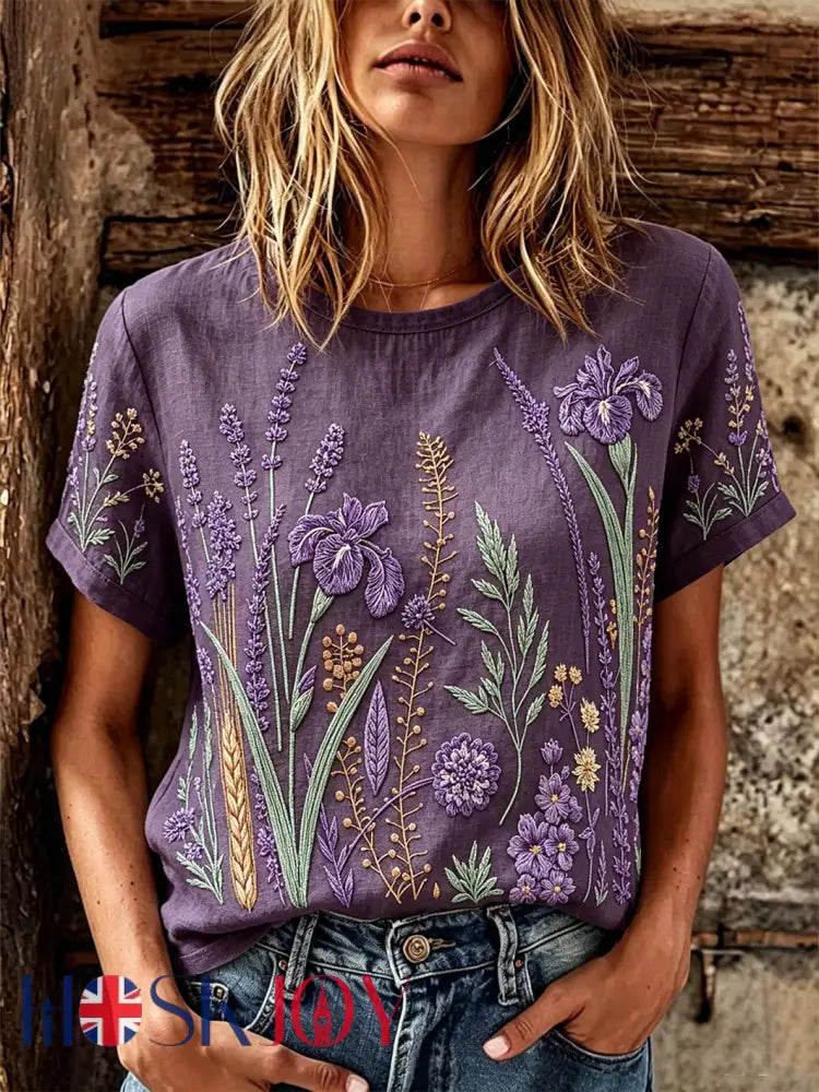 Women’s purple plant flower pattern printed casual linen short-sleeved T-shirt - Deep Purple / S