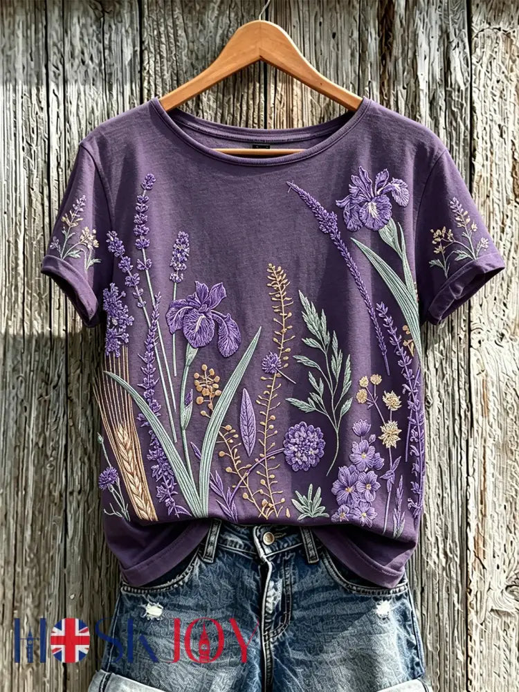 Women’s purple plant flower pattern printed casual T-shirt