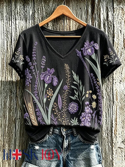 Women’s purple plant flower pattern printed casual T-shirt - Black / S