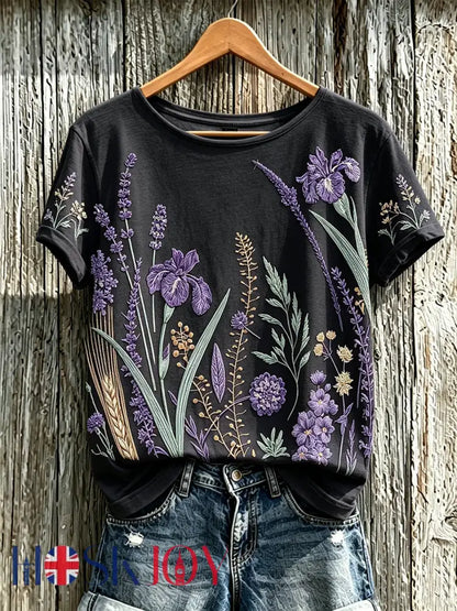 Women’s purple plant flower pattern printed casual T-shirt - Black / S