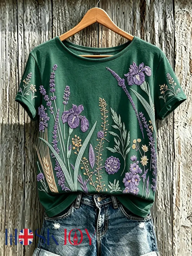 Women’s purple plant flower pattern printed casual T-shirt - Dark Green / S