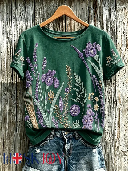 Women’s purple plant flower pattern printed casual T-shirt - Dark Green / S