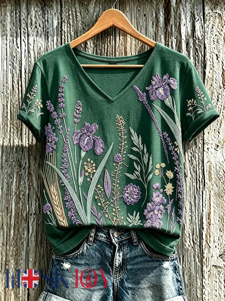 Women’s purple plant flower pattern printed casual T-shirt - Dark Green / S