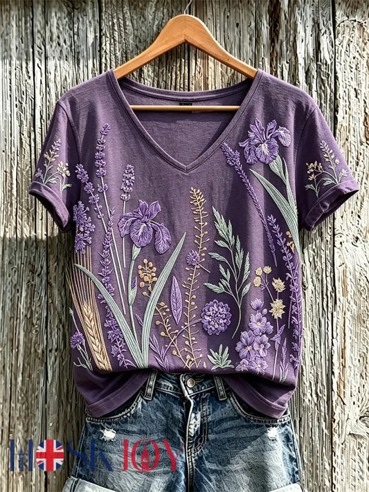 Women’s purple plant flower pattern printed casual T-shirt - Deep Purple / S